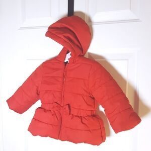 Little Me Jacket Red Puffer With Hood Bow Zipper sz 12 mos